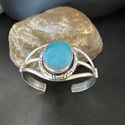 Navajo Blue Kingman Turquoise Cuff Bracelet | Sterling Silver | Authentic Native American Handmade | 16247