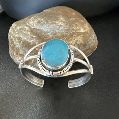 Navajo Blue Kingman Turquoise Cuff Bracelet | Sterling Silver | Authentic Native American Handmade | 16247