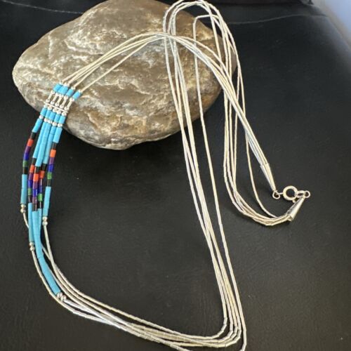 Multi-Color Liquid Silver Heishi Necklace | 5-Strand Sterling Tubes | 22" | 15047