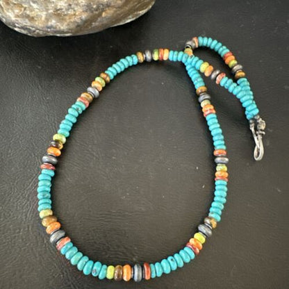 Navajo Blue Turquoise Spiny Oyster Necklace | Sterling Silver | 19" | Authentic Native American Handmade | 17489