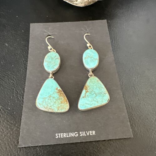 Navajo Blue Kingman Turquoise Dangle Earrings | Sterling Silver | Authentic Native American Handmade | 15124