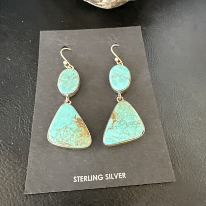 Navajo Blue Kingman Turquoise Dangle Earrings | Sterling Silver | Authentic Native American Handmade | 15124