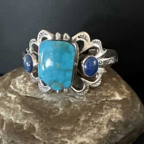 Kingman Turquoise Lapis Cuff Bracelet | Navajo Sterling Silver Tufa Cast | Authentic Native American Handmade | 16781