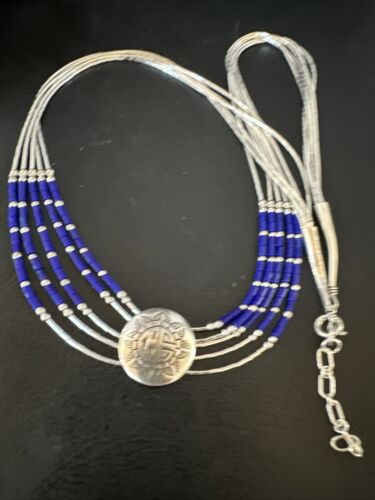 Concha Blue Lapis Heishi | Navajo Liquid Sterling Silver Necklace | 5 Strand | 20" | 15874