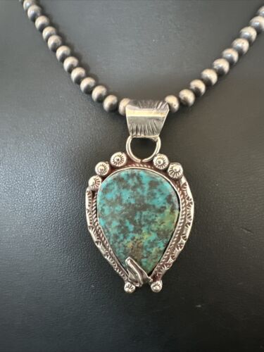 Navajo Blue Turquoise Pendant Necklace | Sterling Silver Pearls | Authentic Native American Handmade | 15761