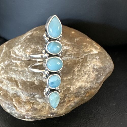 Navajo Blue Larimar Cluster Ring | Authentic Native American Sterling Silver | Multi-Stone | Sz 8.5 | 15936