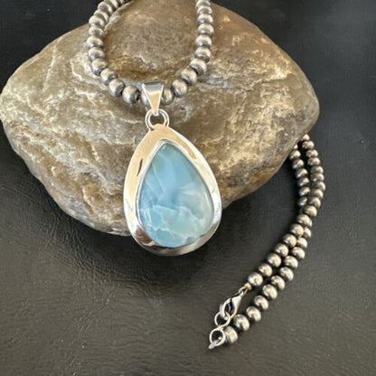 Navajo Blue Larimar Pendant Necklace | Sterling Silver Beads | Authentic Native American Handmade | 17630