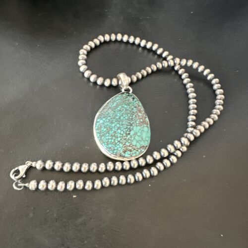 Men's Navajo Blue Spiderweb Turquoise Pendant Necklace | Sterling Silver | Authentic Native American Handmade | 16208
