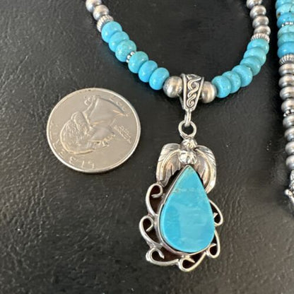 Navajo Blue Turquoise Pendant with Pearls | Sterling Silver Necklace | Authentic Native American Handmade | 15419