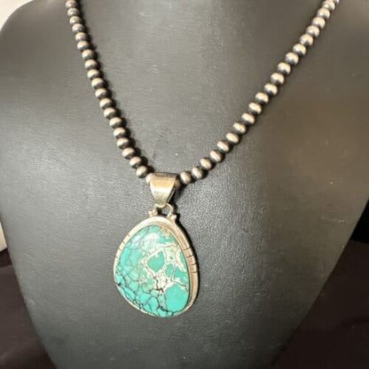 Men's Navajo Blue Spiderweb Turquoise Pendant Necklace | Sterling Silver | Authentic Native American Handmade | 16203