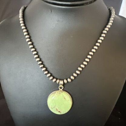 Navajo Green Gaspeite Pendant Necklace | Sterling Silver | Authentic Native American Handmade | 15491 - Masha USA