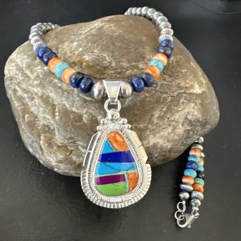 Lapis Spiny Oyster Turquoise Pendant Navajo Sterling Silver Necklace 21