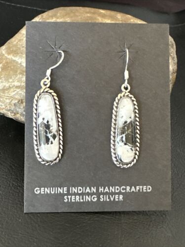 Navajo White Buffalo Turquoise Dangle Earrings | Sterling Silver | Authentic Native American Handmade | 16515