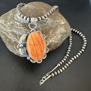 Navajo Orange Spiny Oyster Pendant Necklace | Sterling Silver | Authentic Native American Handmade | 15628