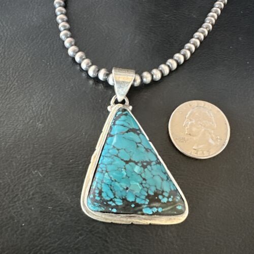Men's Navajo Blue Spiderweb Turquoise Pendant Necklace | Sterling Silver | Authentic Native American Handmade | 16214