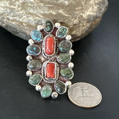 Navajo Spiderweb Turquoise Coral Cluster Ring | Authentic Native American Sterling Silver | Multi-Stone | Sz 10 | 17183