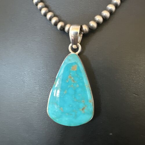 Navajo Blue Kingman Turquoise Pendant Necklace | Sterling Silver | 20" | Authentic Native American Handmade | 16724 - Masha USA