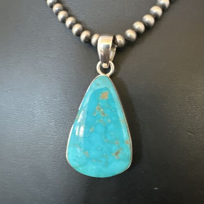 Navajo Blue Kingman Turquoise Pendant Necklace | Sterling Silver | 20" | Authentic Native American Handmade | 16724 - Masha USA
