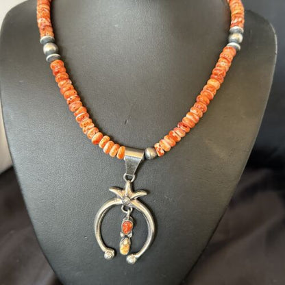 Navajo Red Spiny Oyster Naja Pendant Necklace | Sterling Silver | 23" | Authentic Native American Handmade | 17659