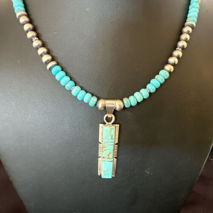 Turquoise #8 Inlay Pendant Necklace | Navajo Sterling Silver | Authentic Native American Handmade | 17121