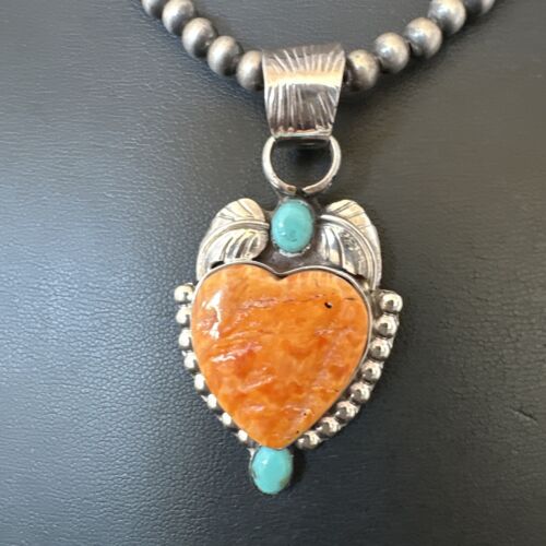 Navajo Spiny Oyster Heart | Turquoise Pendant Necklace | Sterling Silver | Authentic Native American Handmade | 16457