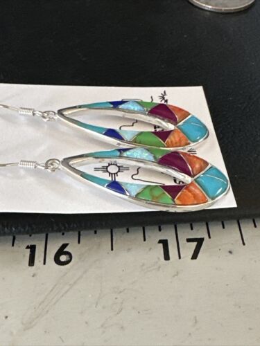 Southwestern Sterling Silver Multi-Color Turquoise Lapis Inlay Earrings | Authentic Native American Handmade | 14938 - Masha USA