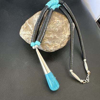 Santo Domingo Blue Turquoise Black Onyx Necklace | Sterling Silver | 21" | 15765