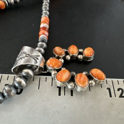 Navajo Pearls Orange Spiny Oyster Naja Pendant | Sterling Silver Necklace | Authentic Native American Handmade | 16804
