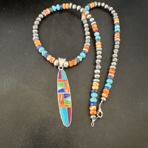 Navajo Spiny Oyster Turquoise Inlay Pendant Necklace | Sterling Silver | 21" | Authentic Native American Handmade | 16925