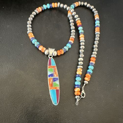 Navajo Spiny Oyster Turquoise Inlay Pendant Necklace | Sterling Silver | 21" | Authentic Native American Handmade | 16925