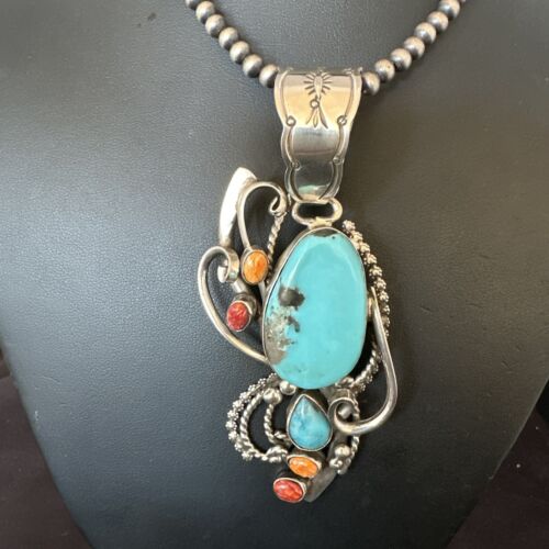 Navajo Kingman Turquoise | Spiny Oyster Necklace Pendant | Sterling Silver | Multi-Stone | 15950