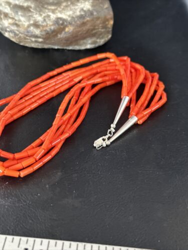 Orange Coral Tube Heishi Bead Necklace | 5 Strand Navajo Sterling Silver | 18" | 15280