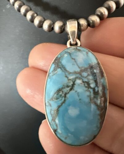 Navajo Blue Spiderweb Turquoise Pendant Necklace | Sterling Silver | Authentic Native American Handmade | 17024