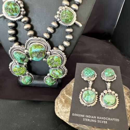 Navajo Ultra Rare Green Sonoran Gold Turquoise Squash Blossom Necklace Set | Sterling Silver | 17208