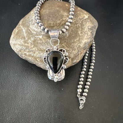 Navajo Pearls Black Onyx Necklace Pendant | Sterling Silver | Authentic Native American Handmade | 16532