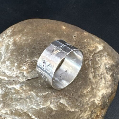 Men's Wide Band Navajo Stamped Ring | Sterling Silver | Sz 12 | Authentic Native American Handmade | 14980
