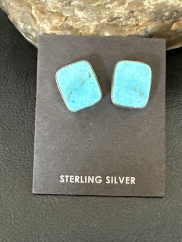 Navajo Blue Kingman Turquoise Post Stud Earrings | Sterling Silver | Authentic Native American Handmade | 17469