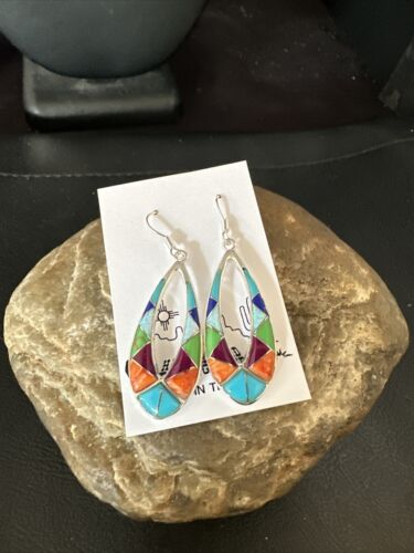 Southwestern Sterling Silver Multi-Color Turquoise Lapis Inlay Earrings | Authentic Native American Handmade | 14938 - Masha USA