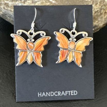 Navajo Butterfly Orange Spiny Oyster Inlay Earrings | Sterling Silver | Authentic Native American Handmade | 16523