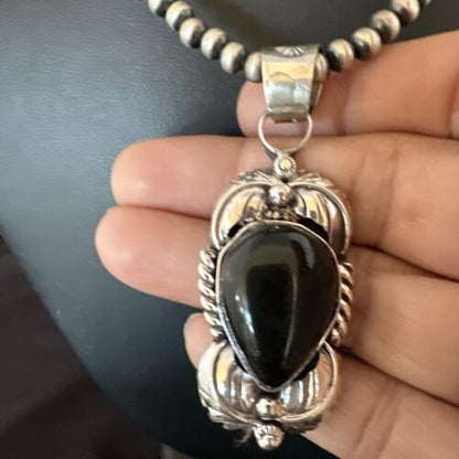 Native American Men's Pendant | Navajo Pearls | Sterling Silver Black Onyx Necklace | 16132