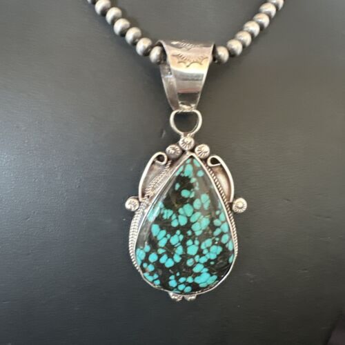 Men's Spiderweb Turquoise Pendant | Navajo Pearls Sterling Silver Necklace | Authentic Native American Handmade | 17067