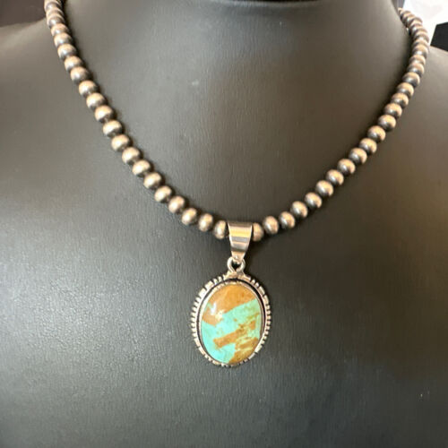 Navajo Blue Turquoise #8 Pendant | Sterling Silver Necklace with Pearls | Authentic Native American Handmade | 16353 - Masha USA