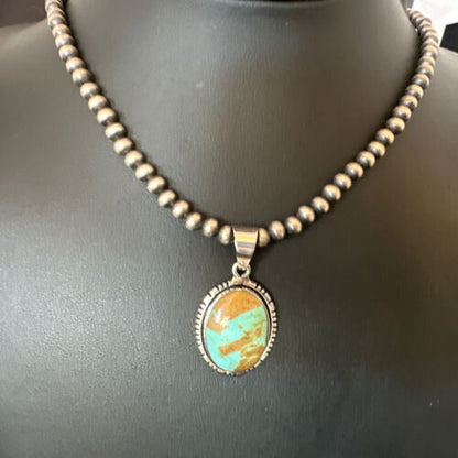 Navajo Blue Turquoise #8 Pendant | Sterling Silver Necklace with Pearls | Authentic Native American Handmade | 16353 - Masha USA