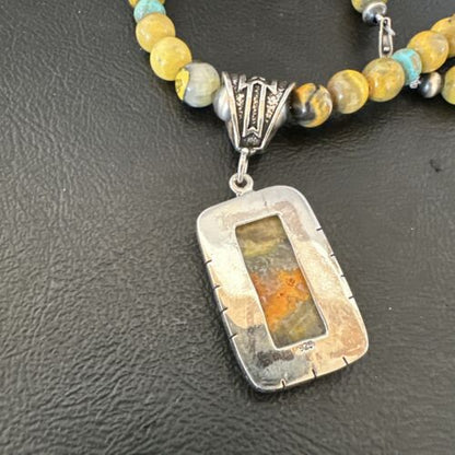 Men's BumbleBee Jasper Pendant Necklace | Navajo Pearls | Sterling Silver | Authentic Native American Handmade | 16874
