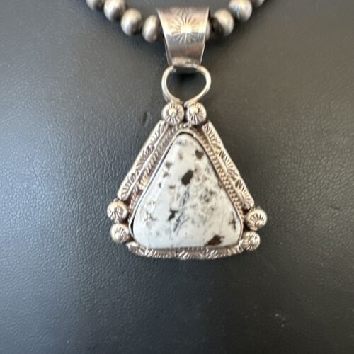 White Buffalo Turquoise Pendant | Navajo Pearls | Sterling Silver Necklace 21" | 17110