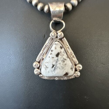 White Buffalo Turquoise Pendant | Navajo Pearls | Sterling Silver Necklace 21" | 17110