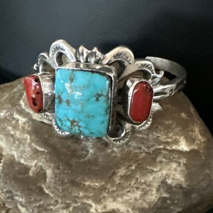 Kingman Turquoise Coral Cuff Bracelet | Navajo Tufa Cast | Sterling Silver | Authentic Native American Handmade | 16780