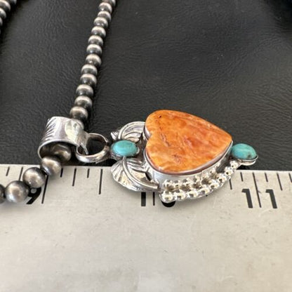 Navajo Spiny Oyster Heart | Turquoise Pendant Necklace | Sterling Silver | Authentic Native American Handmade | 16457