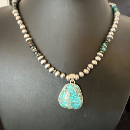 Men's Navajo Blue Spiderweb Turquoise Pendant Necklace | Sterling Silver | Authentic Native American Handmade | 16241