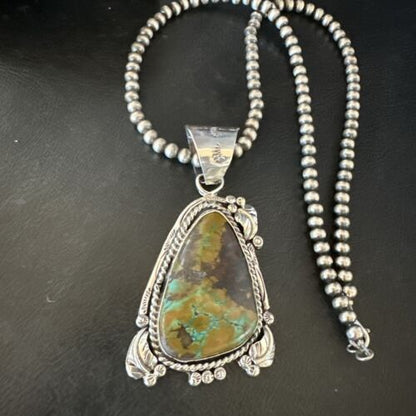 Men's Navajo Green Turquoise Pendant Necklace | Sterling Silver | Authentic Native American Handmade | 17531